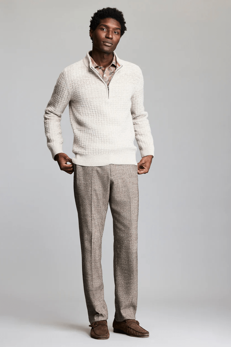 Sweater - Billy Reid - Basketweave Half Zip Sweater in Oatmeal Melange - Archery Close