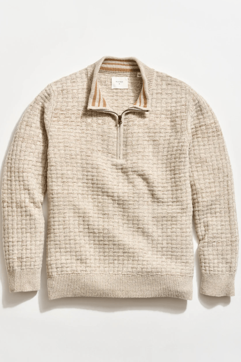 Sweater - Billy Reid - Basketweave Half Zip Sweater in Oatmeal Melange - Archery Close