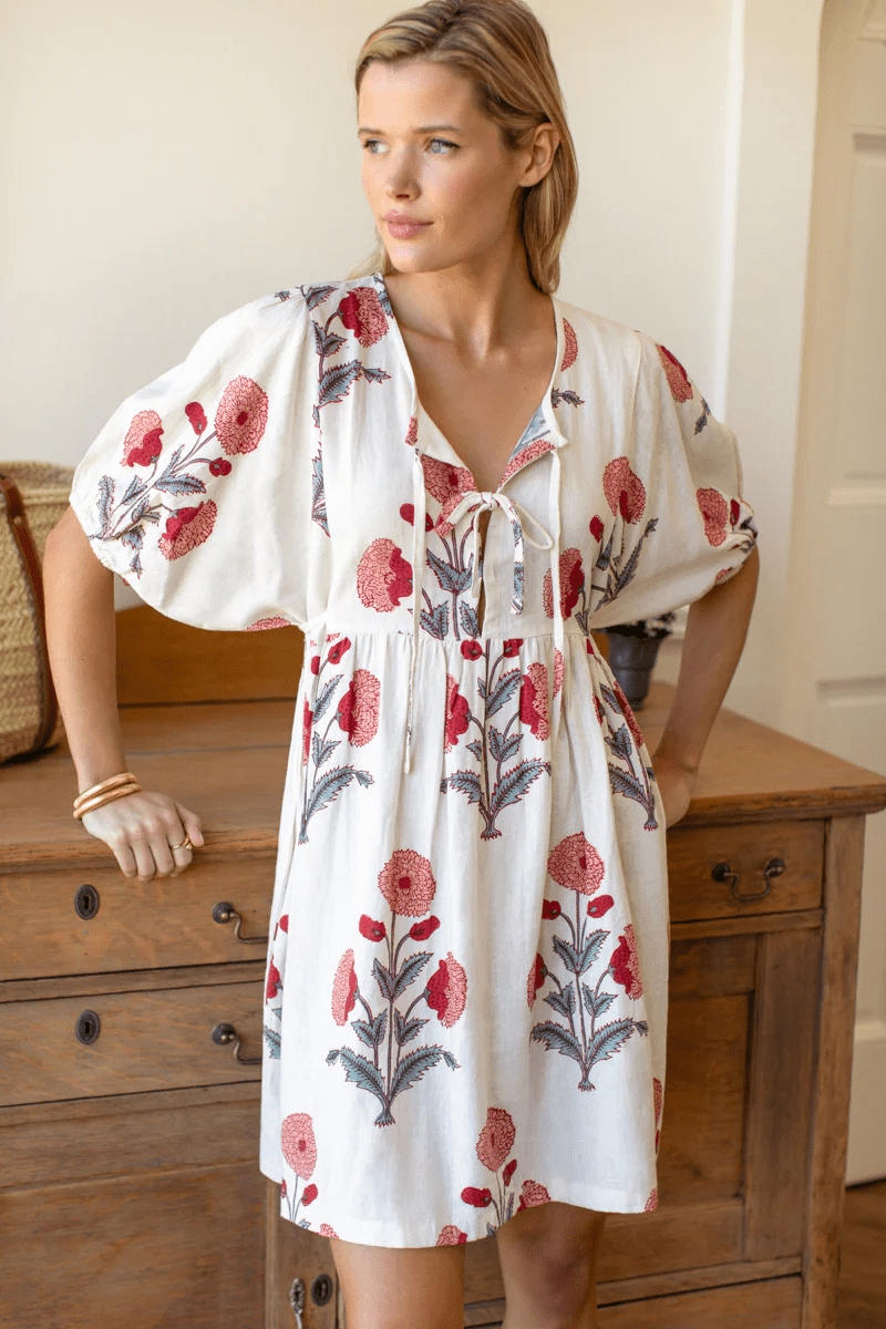 Dresses - Emerson Fry - Bastian Short Dress in Blush Peonies Linen - Archery Close