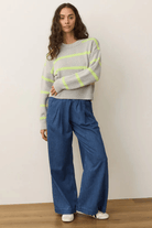 Sweater - Marine Layer - Berkeley Crewneck Sweater in Lime Stripe - Archery Close