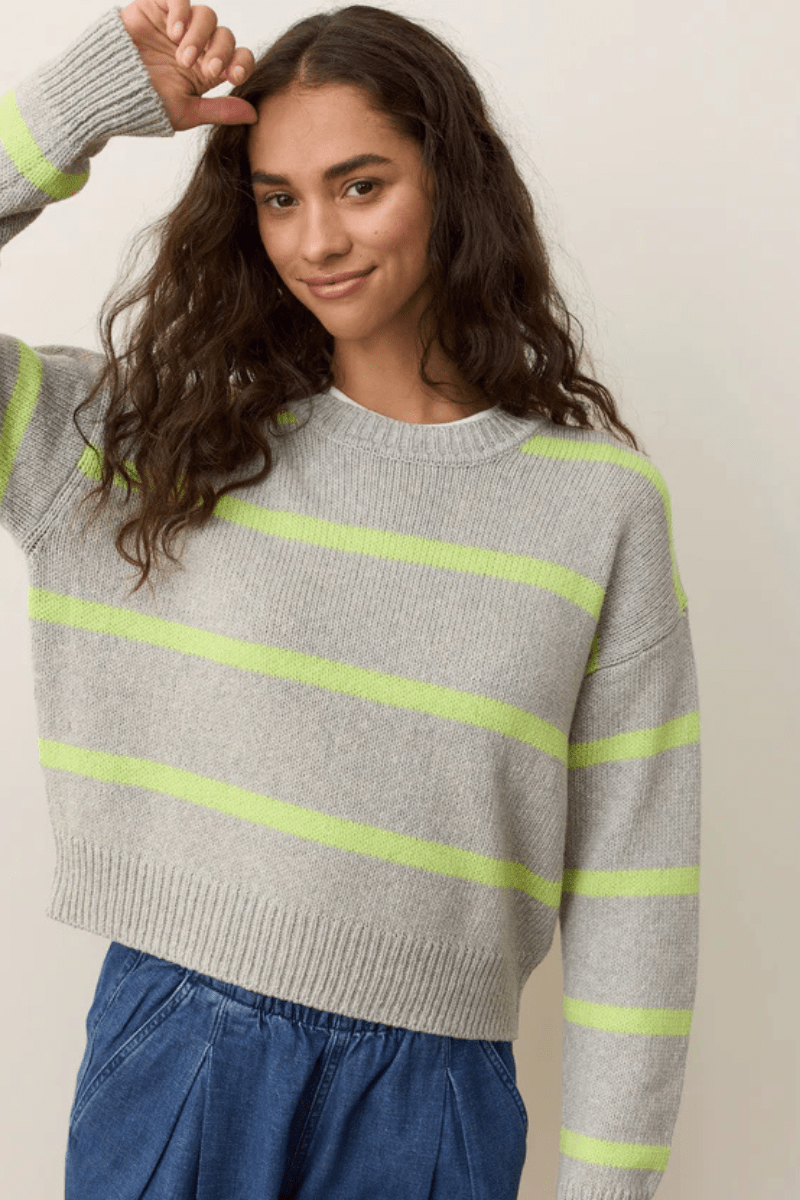 Sweater - Marine Layer - Berkeley Crewneck Sweater in Lime Stripe - Archery Close