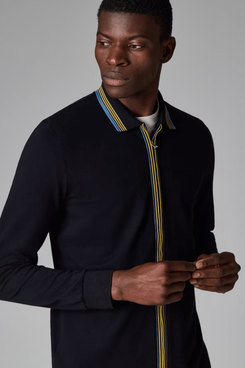 Shirts & Tops - Paul Smith - Black Contrast Tipping Full - Zip Long - Sleeve Polo Shirt - Archery Close