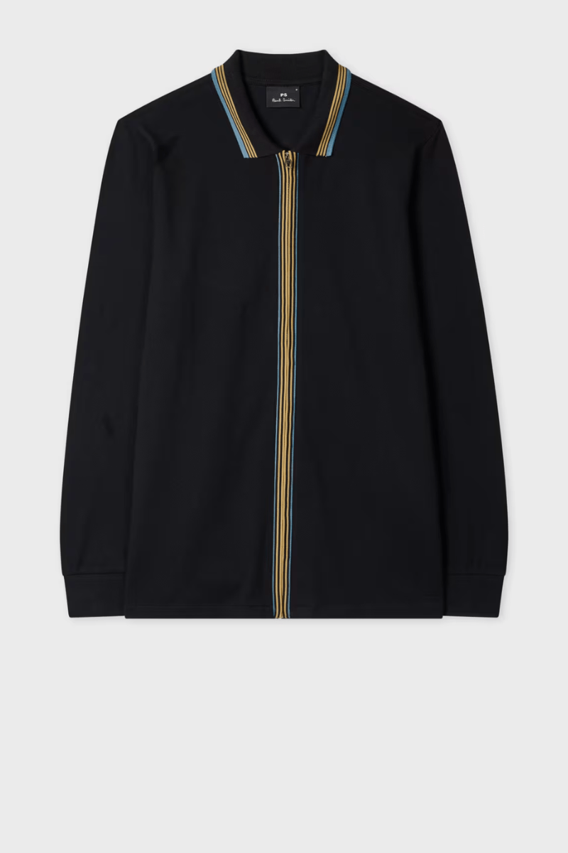 Shirts & Tops - Paul Smith - Black Contrast Tipping Full - Zip Long - Sleeve Polo Shirt - Archery Close