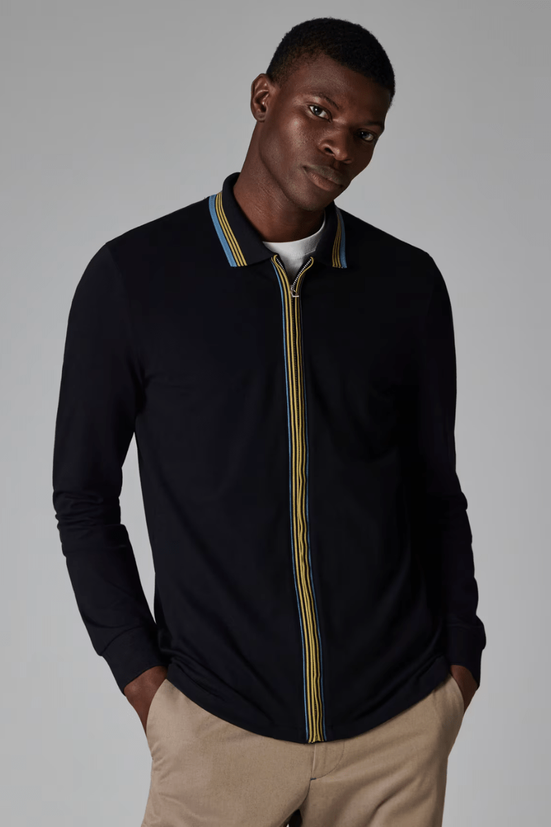 Shirts & Tops - Paul Smith - Black Contrast Tipping Full - Zip Long - Sleeve Polo Shirt - Archery Close