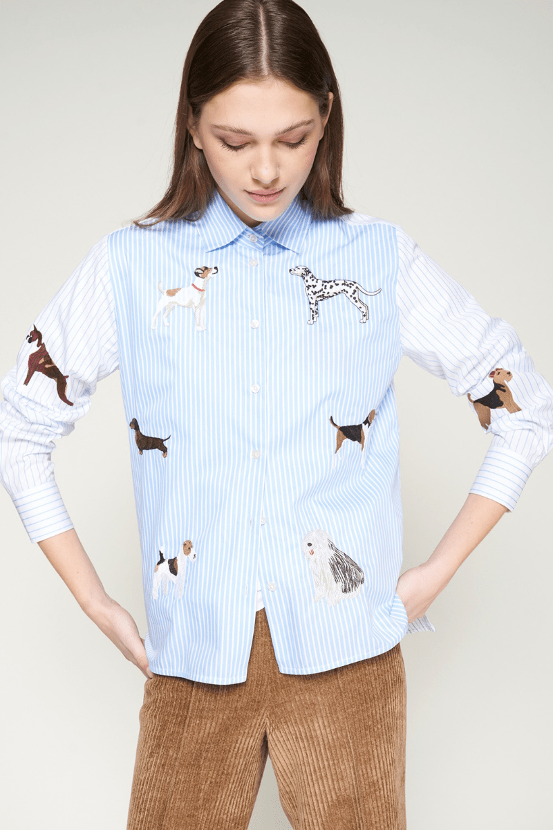 Shirts & Tops - Vilagallo - Blue Shirt with Dog Embroidery - Archery Close