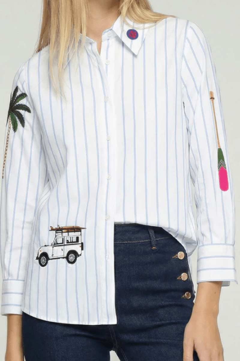 Shirt - Vilagallo - Blue Stripe Safari Embroidered Shirt - Archery Close