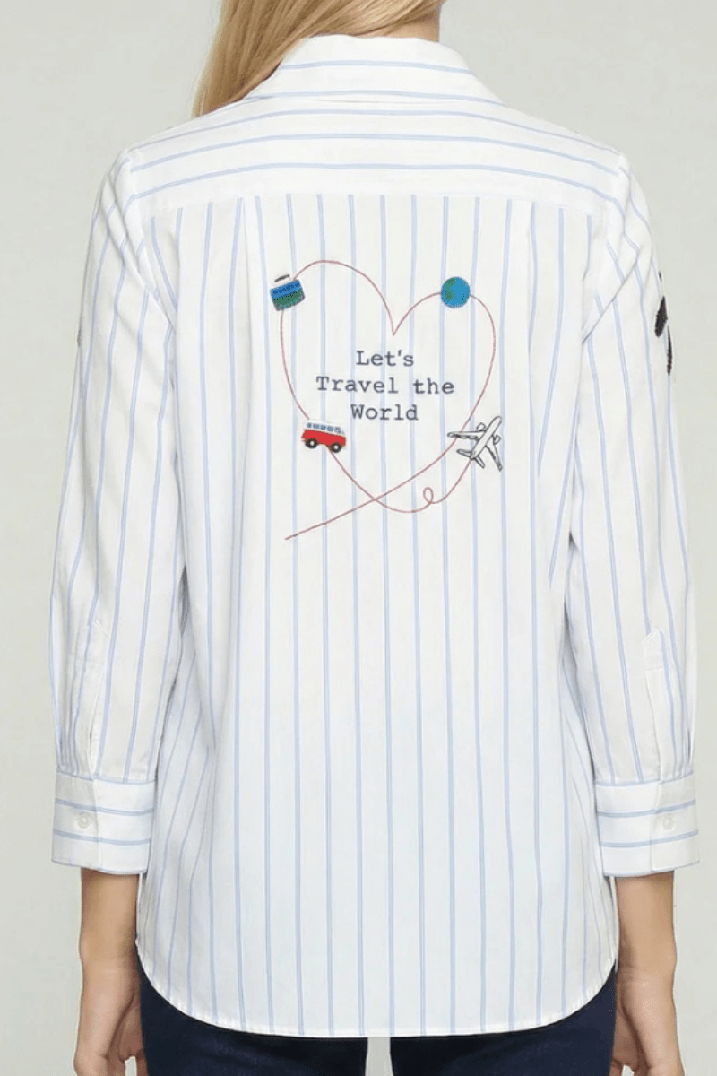 Shirt - Vilagallo - Blue Stripe Safari Embroidered Shirt - Archery Close