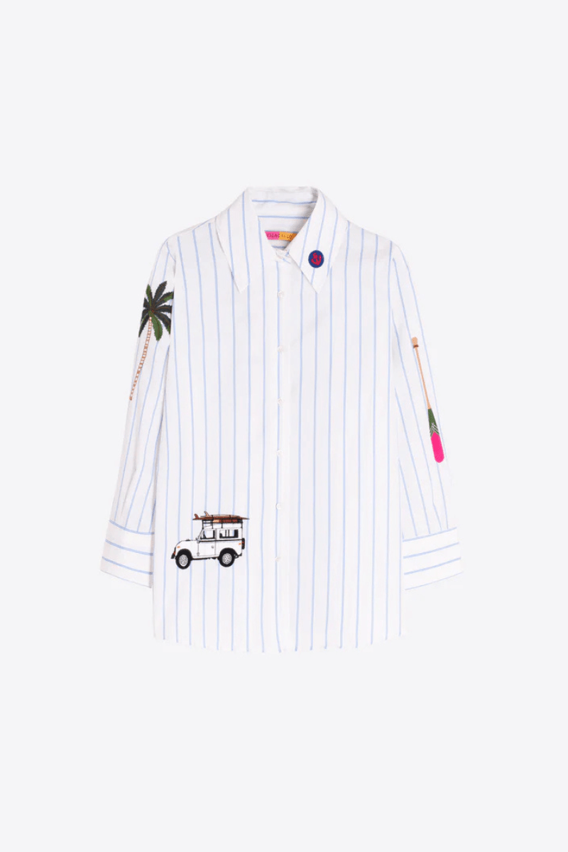 Shirt - Vilagallo - Blue Stripe Safari Embroidered Shirt - Archery Close