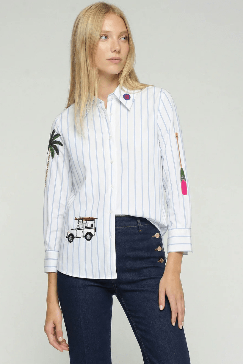 Shirt - Vilagallo - Blue Stripe Safari Embroidered Shirt - Archery Close