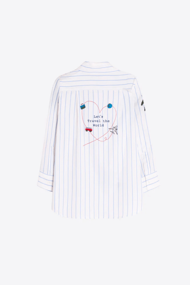 Shirt - Vilagallo - Blue Stripe Safari Embroidered Shirt - Archery Close