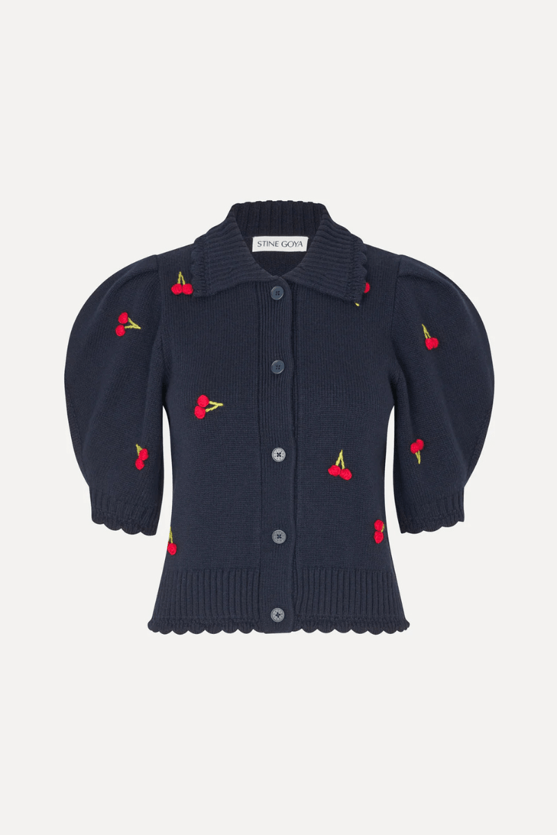 Sweater - Stine Goya - Bobble Knit Polo Cardigan - Cherries - Archery Close