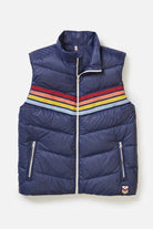 Blue puffer vest with colorful stripes on a white background