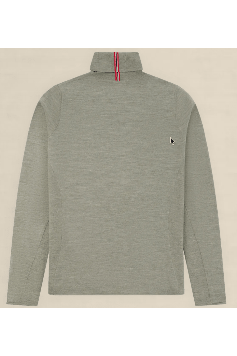 A light gray heathered long-sleeve quarter-zip mock neck pullover, shown from the back. It features a small black embroidered logo on the left chest and a red and blue striped accent running down the center back collar.