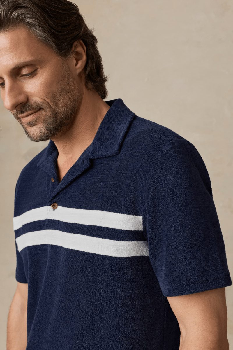 Shirts & Tops - Faherty Brand - Cabana Towel Terry Surf Stripe Polo in Deep Navy - Archery Close