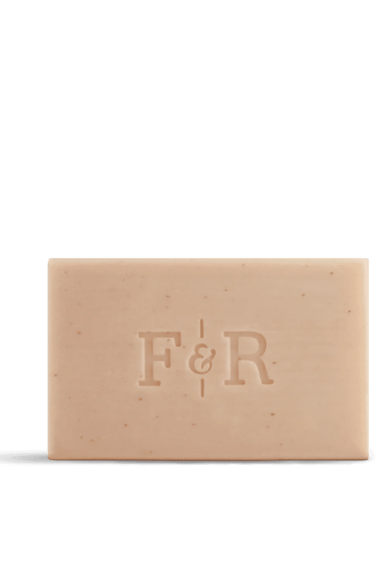 Bar of soap with 'F&R' branding on a white background