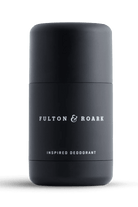 Black deodorant container with 'Fulton & Roark' branding on a white background