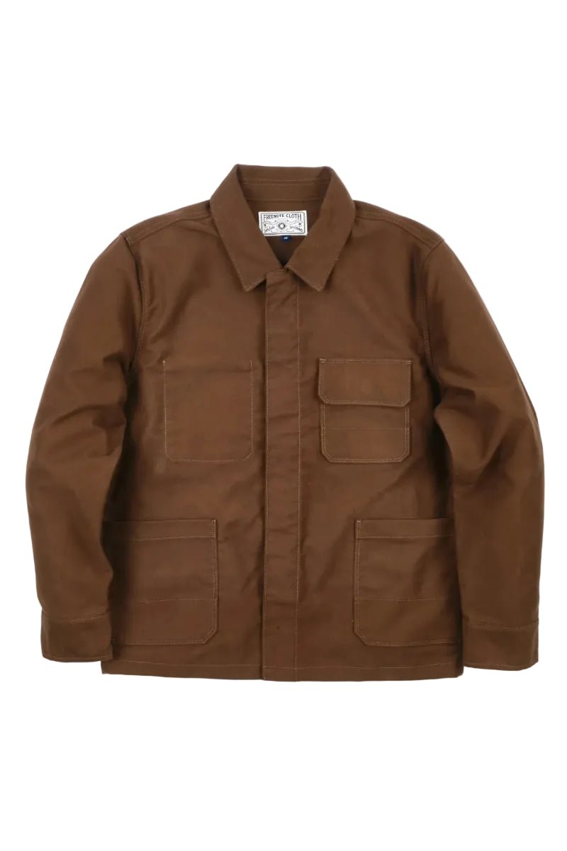 Brown jacket with multiple pockets on a white background