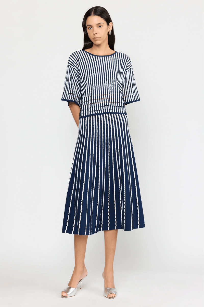 Skirts - Christy Lynn - Colton Skirt in Pinstripe Navy - Archery Close