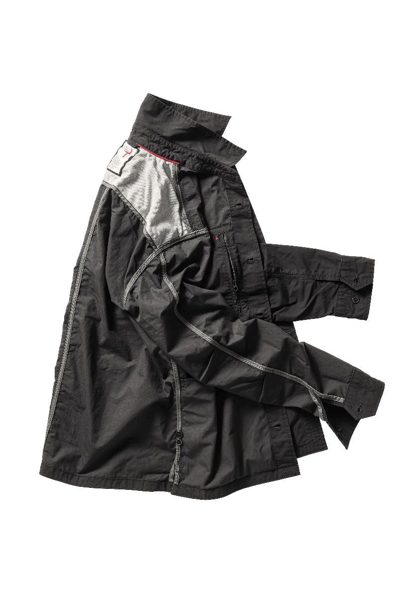 Black jacket with a white label on a white background