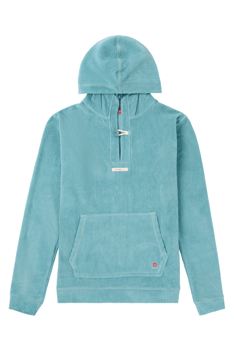 Teal hoodie with a front pocket on a white background