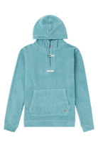 Teal hoodie with a front pocket on a white background