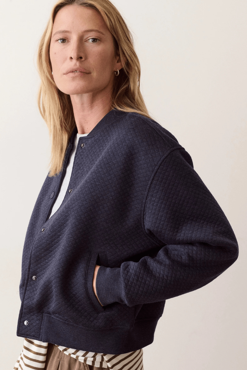 Outerwear - Marine Layer - Corbet Quilted Bomber in Navy Heather - Archery Close