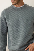 Man wearing a textured gray sweater against a plain background