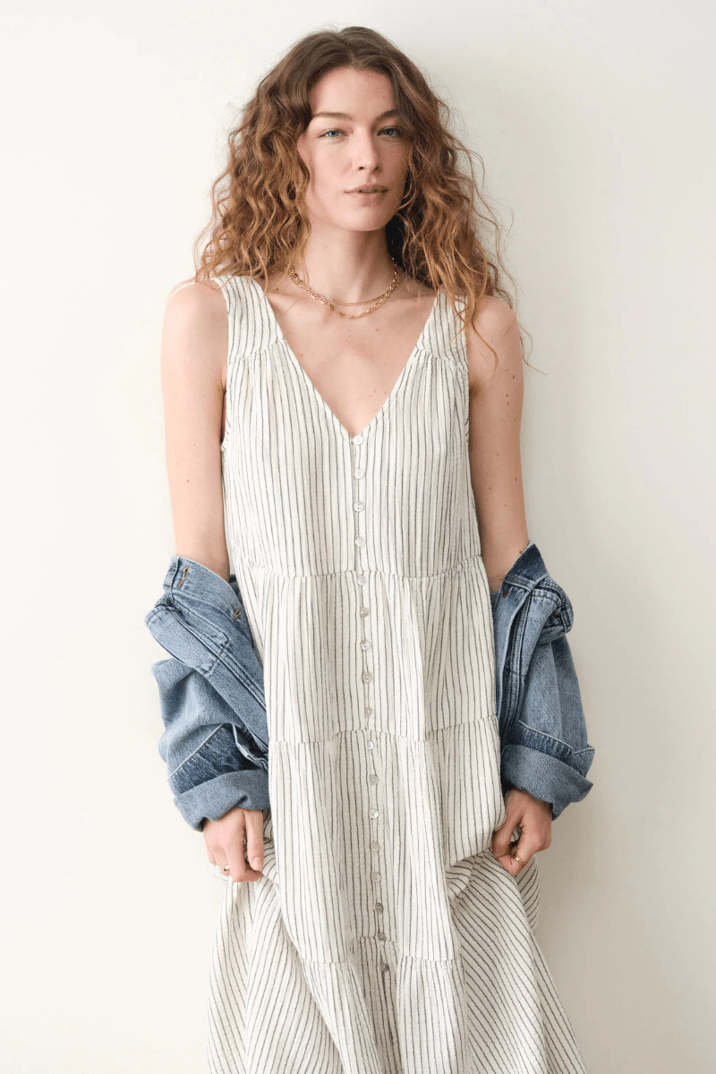 Dresses - Marine Layer - Corinne Button Dress Black Mini Stripe - Archery Close