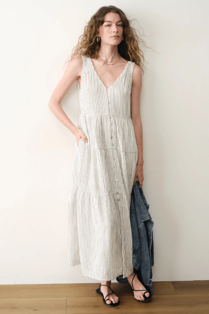 Dresses - Marine Layer - Corinne Button Dress Black Mini Stripe - Archery Close