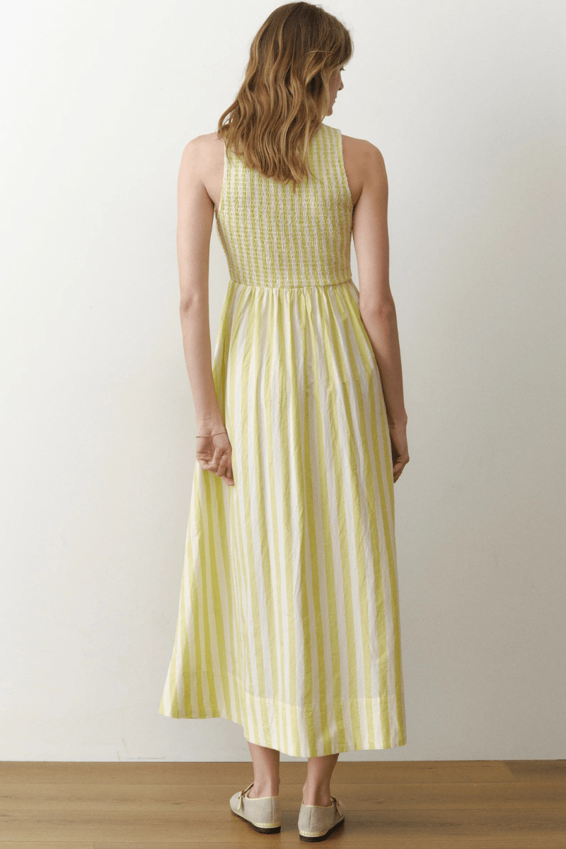 Dresses - Marine Layer - Darcy Poplin Smocked Dress in Lime Stripe - Archery Close