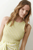 Dresses - Marine Layer - Darcy Poplin Smocked Dress in Lime Stripe - Archery Close