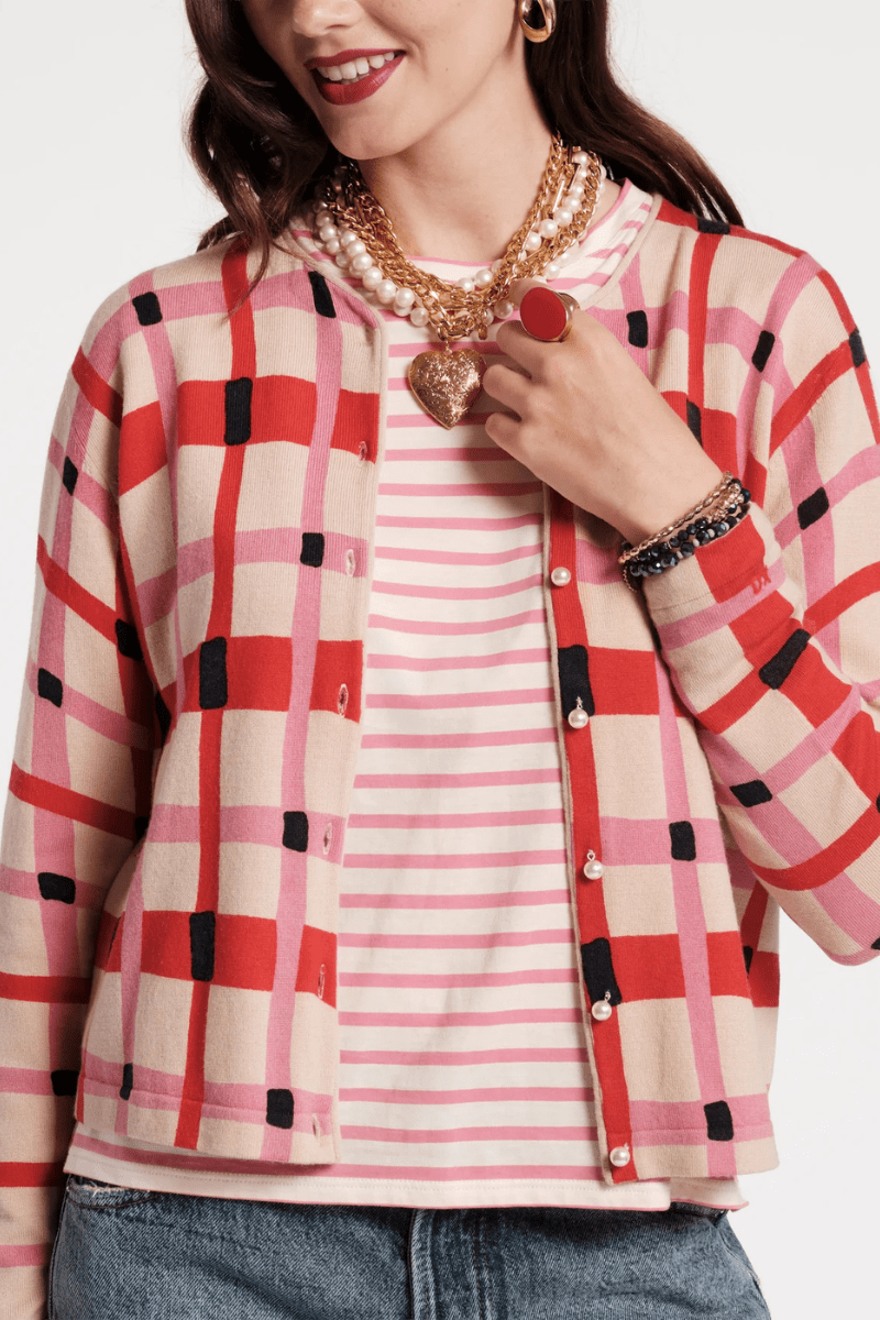 Sweater - Frances Valentine - Darling Cardigan in Lollipop Lattice - Archery Close