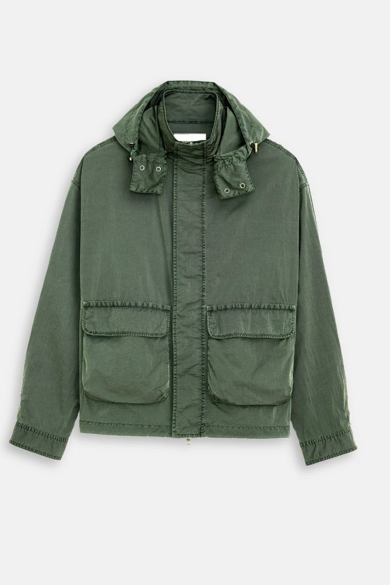 Green jacket with a hood on a light gray background