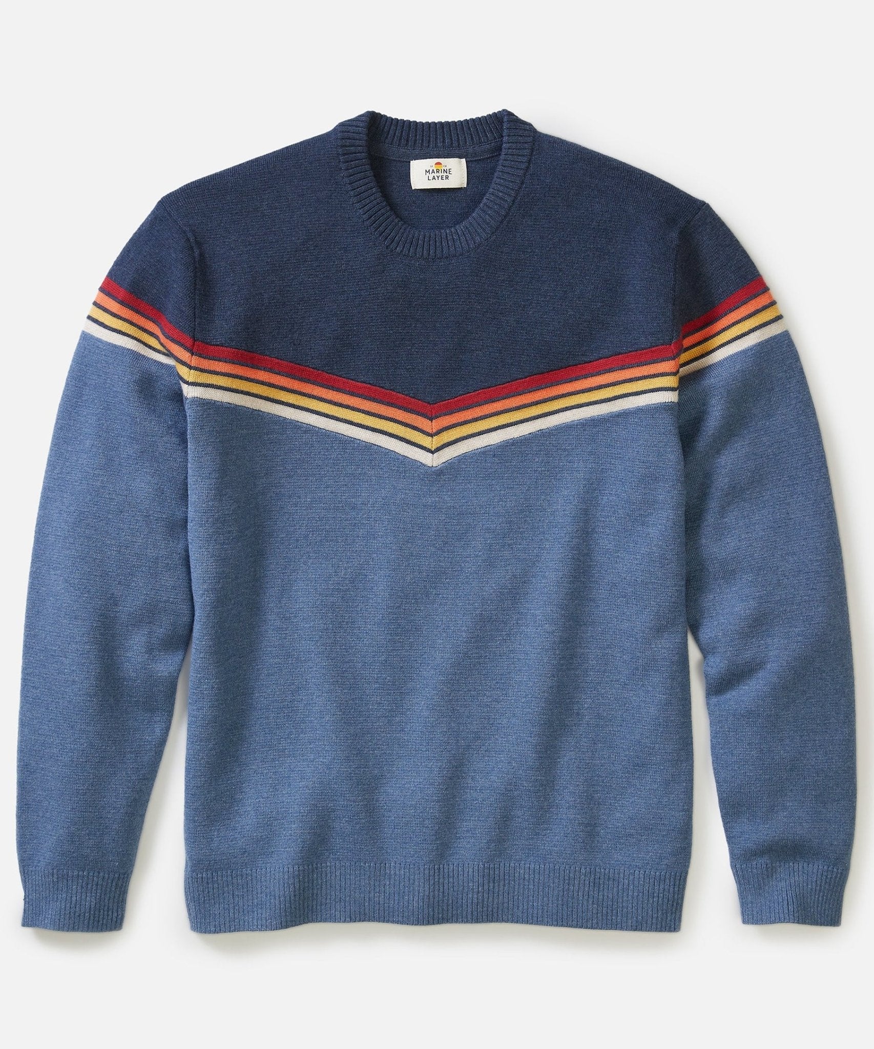 Blue sweater with colorful stripes on a light gray background