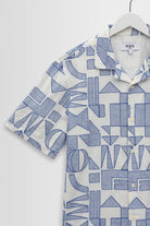 Short-sleeve shirt with blue geometric pattern on a white background