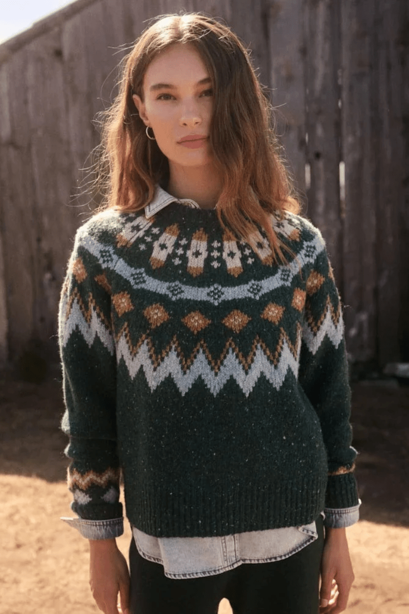 Sweater - Marine Layer - Donegal Fair Isle Sweater in Emerald - Archery Close