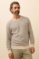 Man wearing a striped sweater and beige pants against a beige background