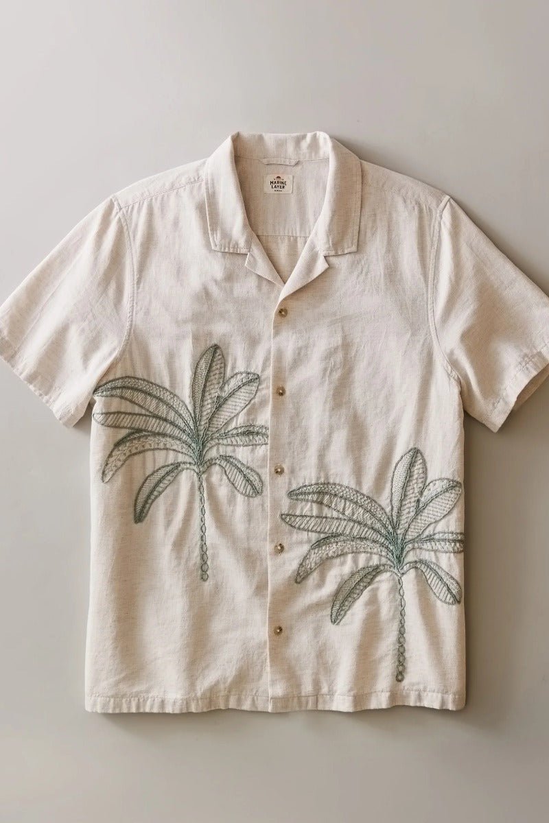Marine Layer Embroidered Resort Shirt - Cream/Green Palm