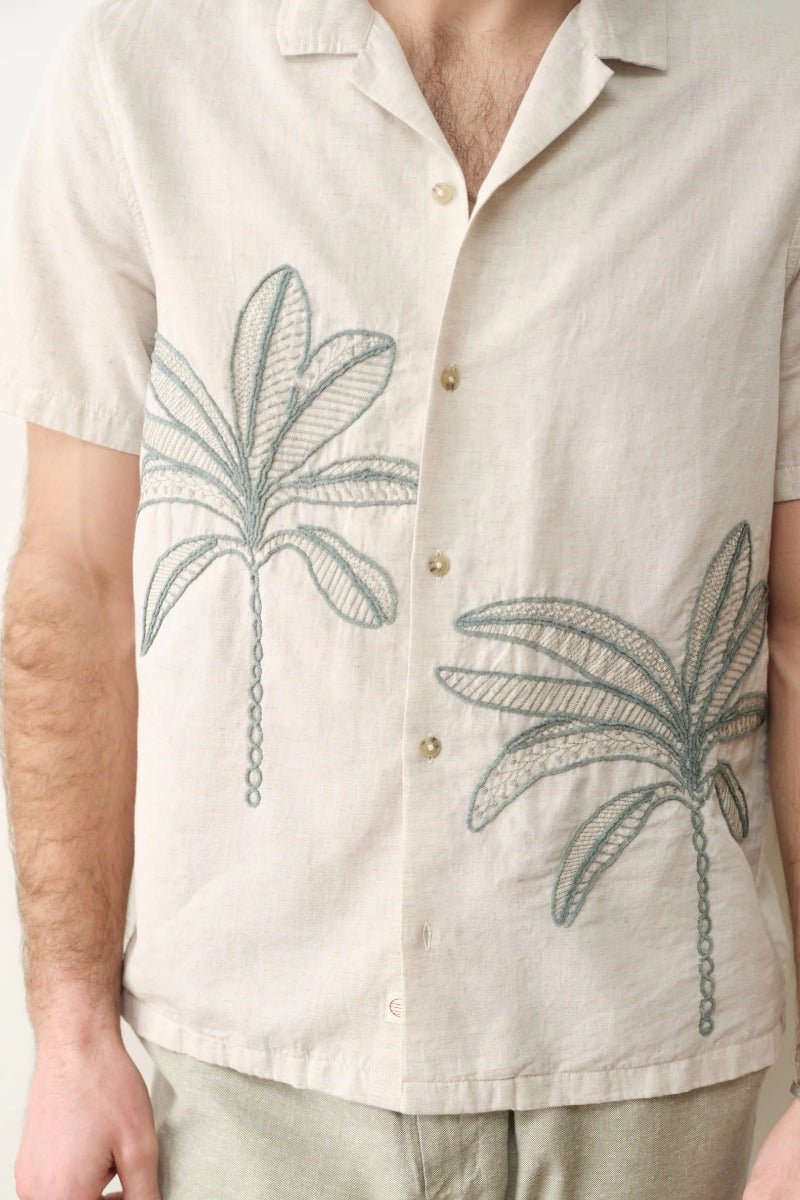 Marine Layer Embroidered Resort Shirt - Cream/Green Palm