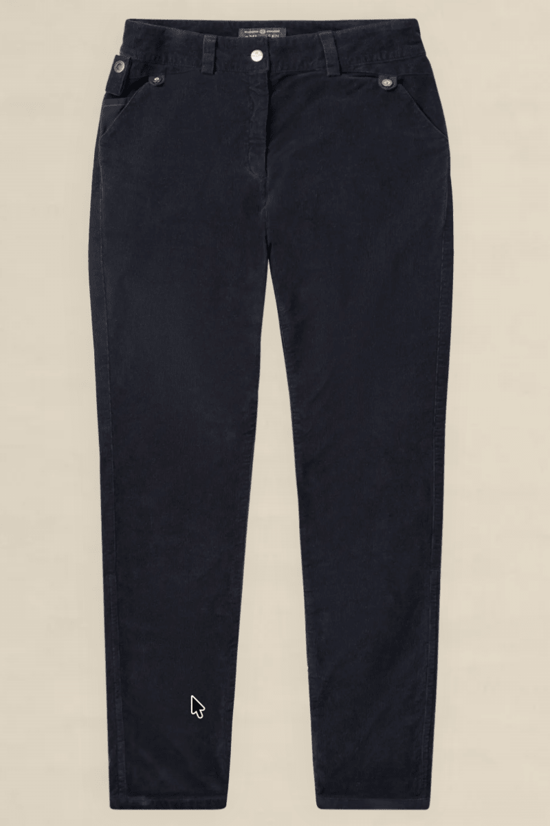 A pair of slim-fit dark navy corduroy pants laid flat against a light beige background. The pants feature a button closure, belt loops, and a small white embroidered logo near the lower left leg.
