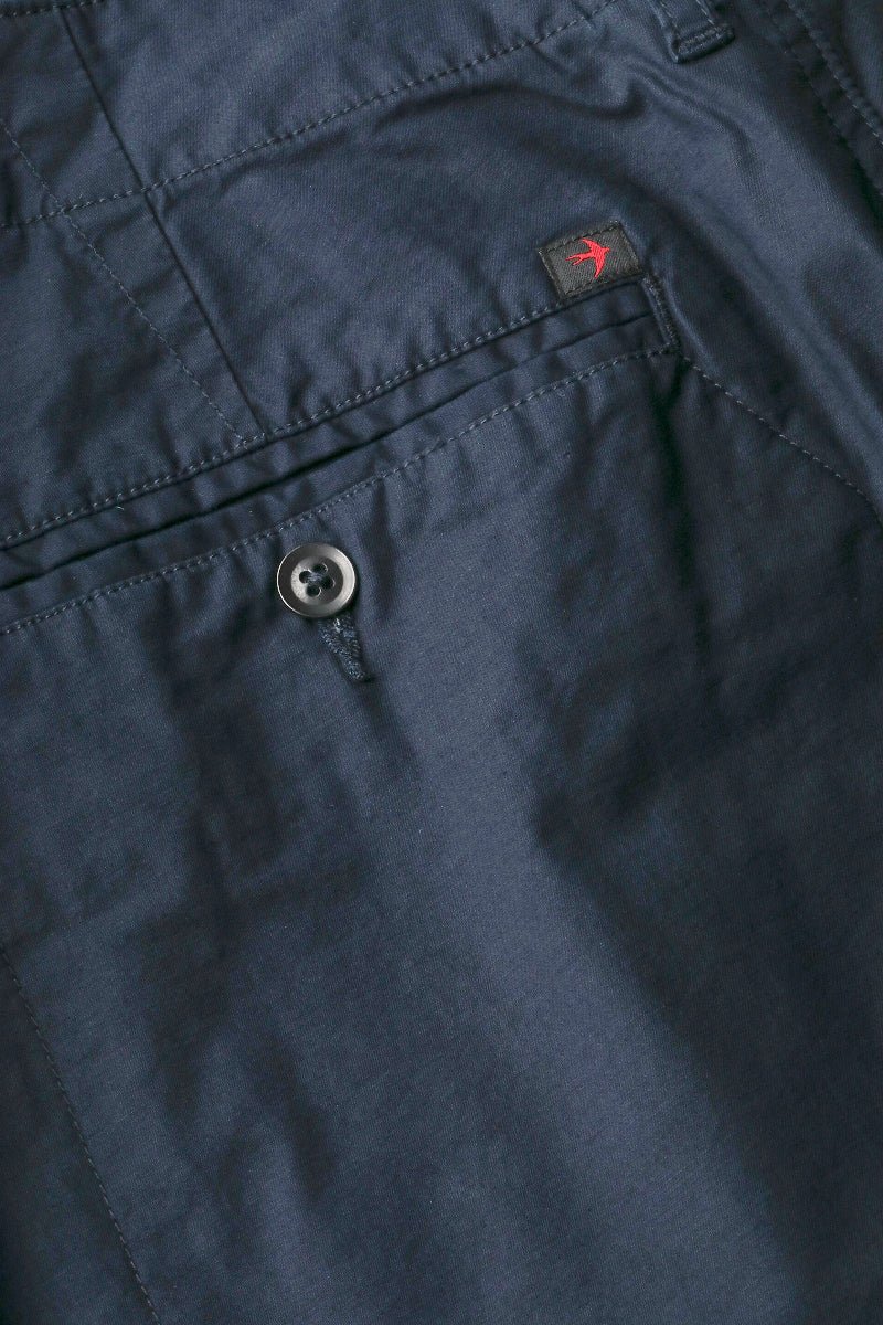 Close-up of dark blue pants with a button and brand logo on the pocket.