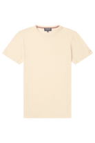 Beige t-shirt with a brand label on a white background
