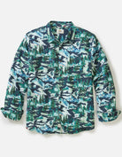 Long-sleeve shirt with nature-themed camouflage pattern on a white background
