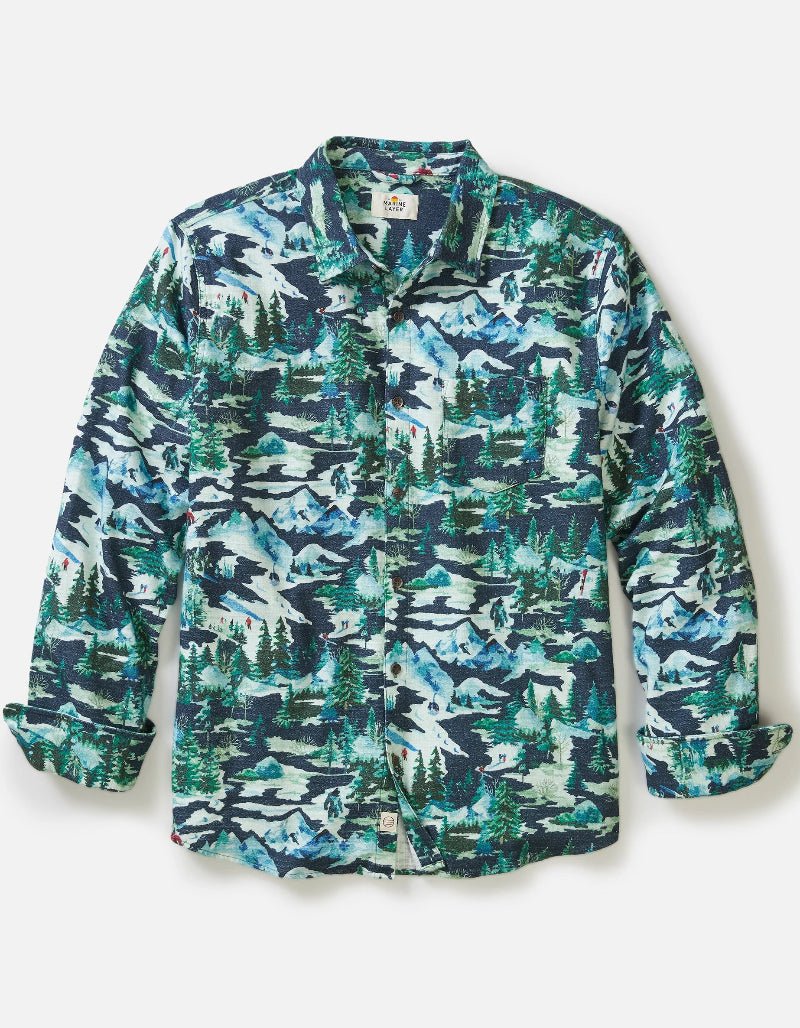 Long-sleeve shirt with nature-themed camouflage pattern on a white background