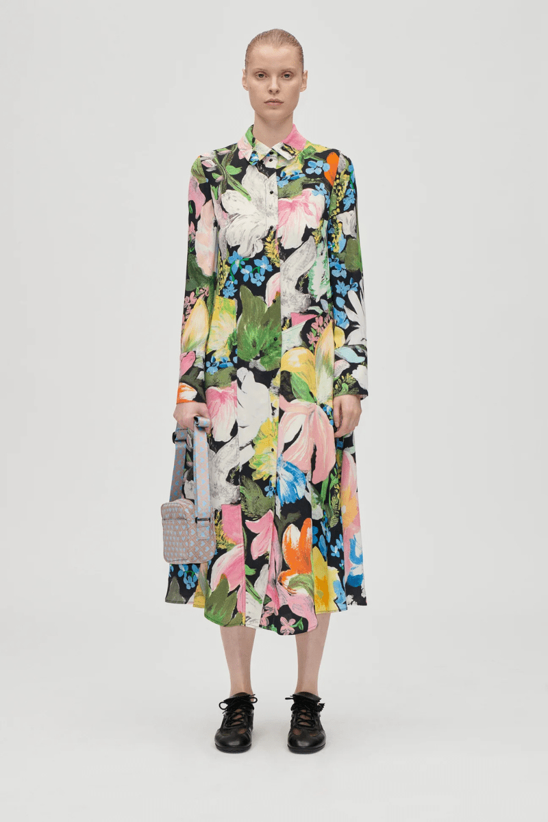 Dresses - Stine Goya - Front Placket Midi Polo Dress in Flowers Under The Sun - Archery Close