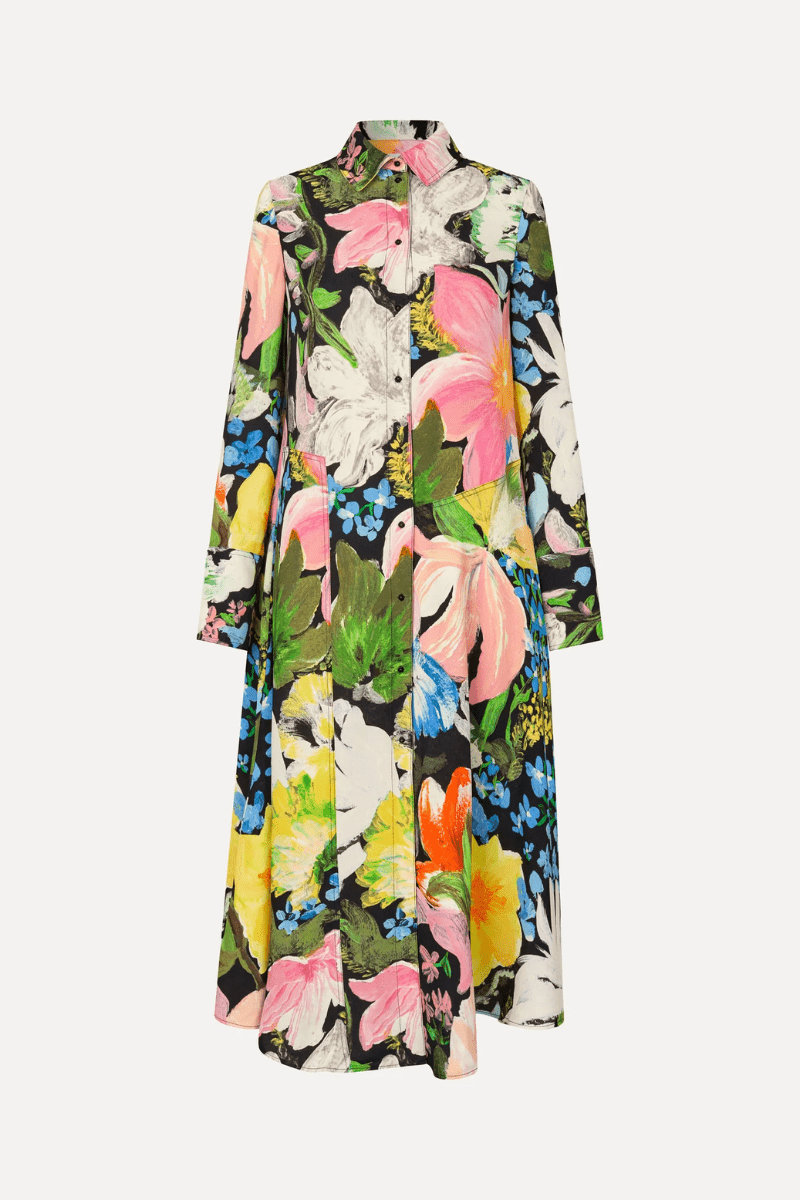 Dresses - Stine Goya - Front Placket Midi Polo Dress in Flowers Under The Sun - Archery Close