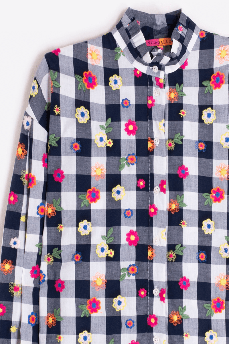 Shirts & Tops - Vilagallo - Gingham Shirt with Floral Embroidery - Archery Close