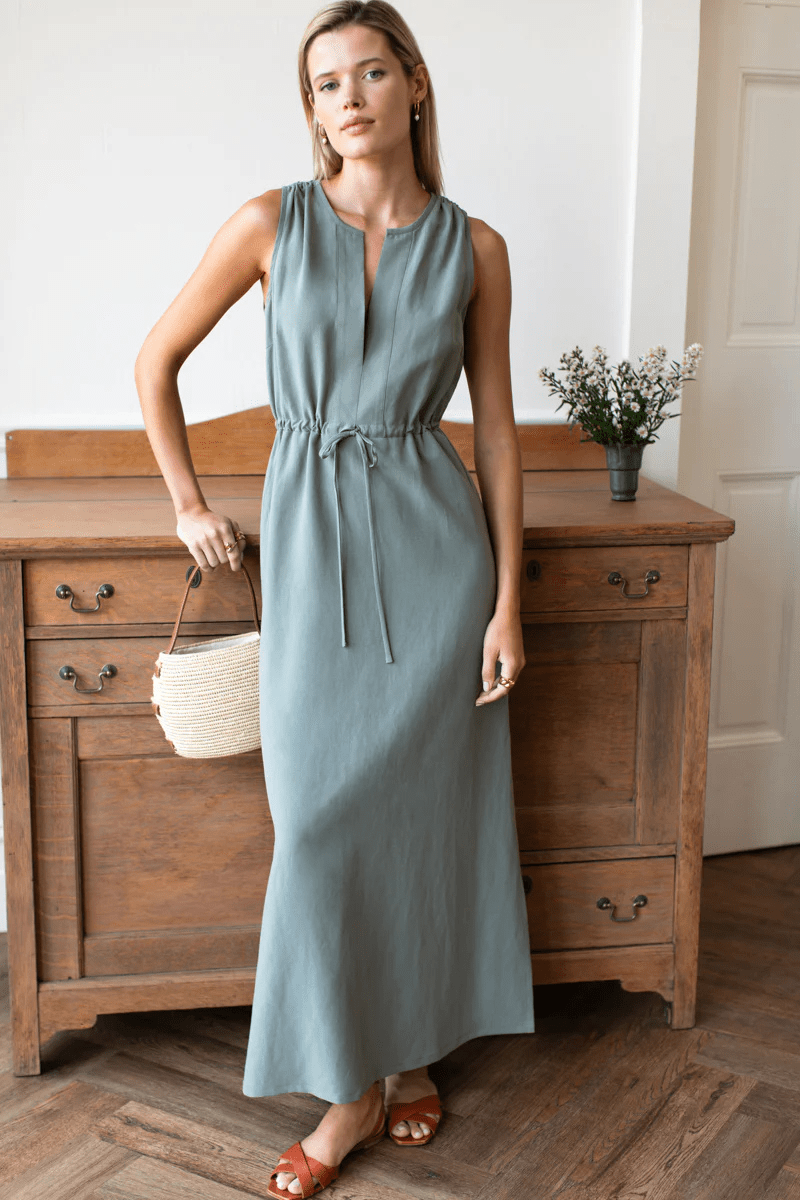 Dresses - Emerson Fry - Grecian Keyhole Dress in Agave Linen - Archery Close