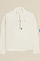 An off-white fleece pullover sweater with a mock neck and a short front zipper, shown against a solid light beige background.