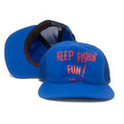 Blue cap with 'KEEP FISHIN' FUN!' text on a white background
